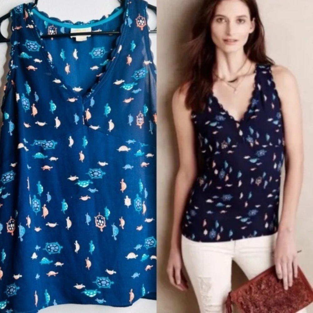 Anthropologie Maeve Navy Blue Turtle Tank Top Blouse Size‎ 4